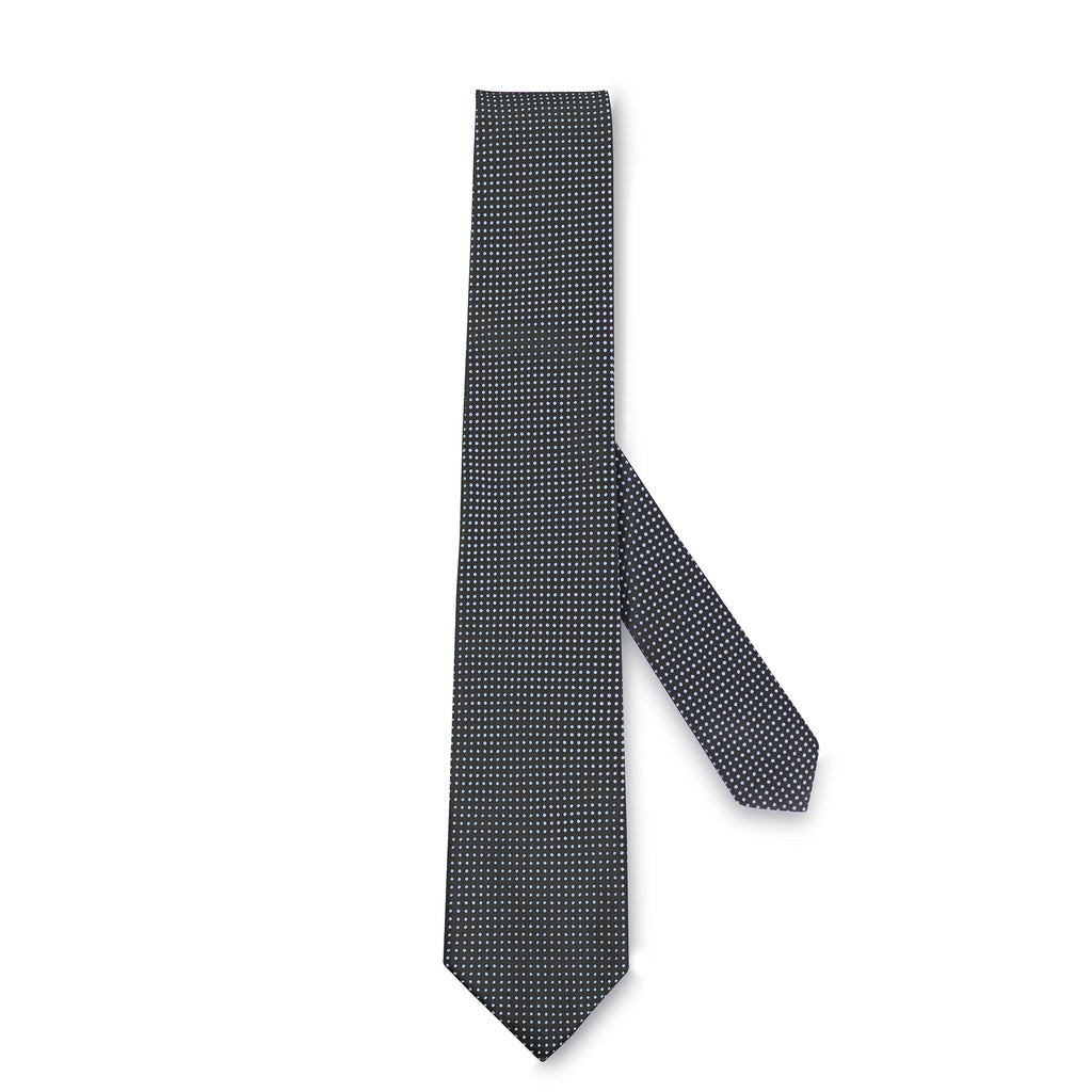 swatche, Cravate à pois marque Loding, conçue en pure soie anthracite pois ciel, en vente sur notre site 