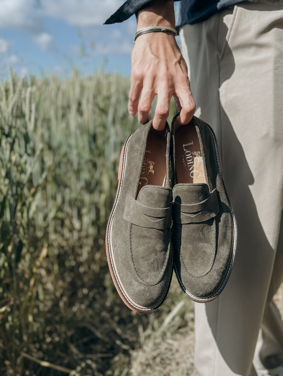 Loafer Styles Penny Loafer Guide Men's Summer Penny Loafer In Khaki Green Suede Calfskin LodinG