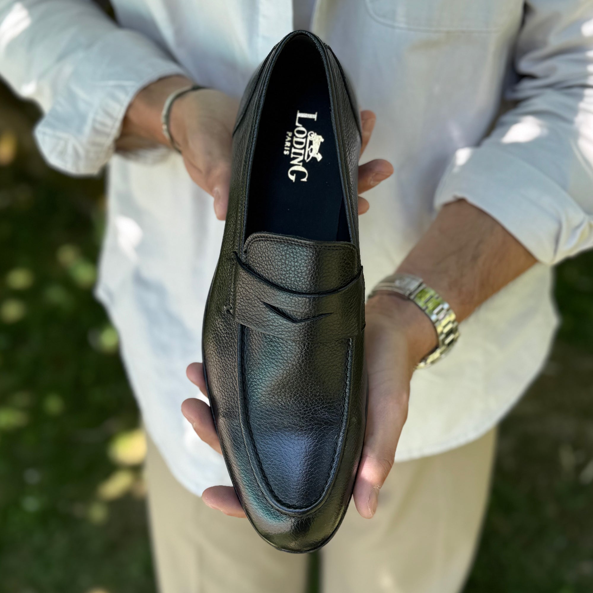 Mocassin noir homme d'été en cuir Souple, confortable