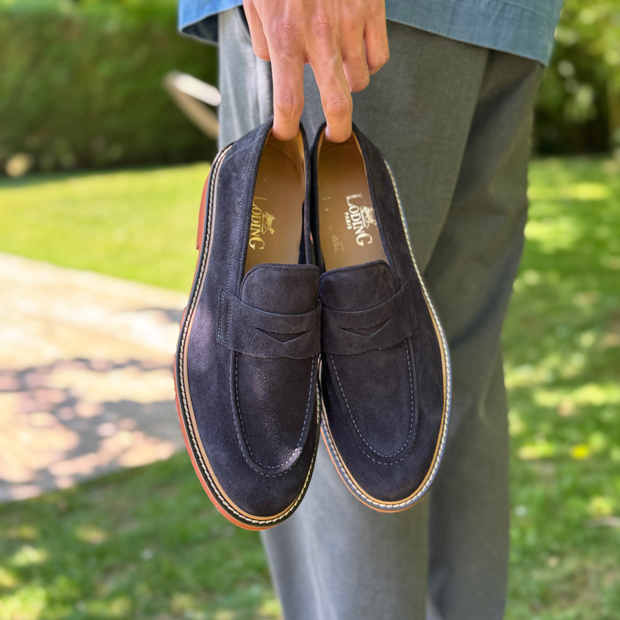 Mocassin d'été à plateau pour homme en veau velours bleu marine