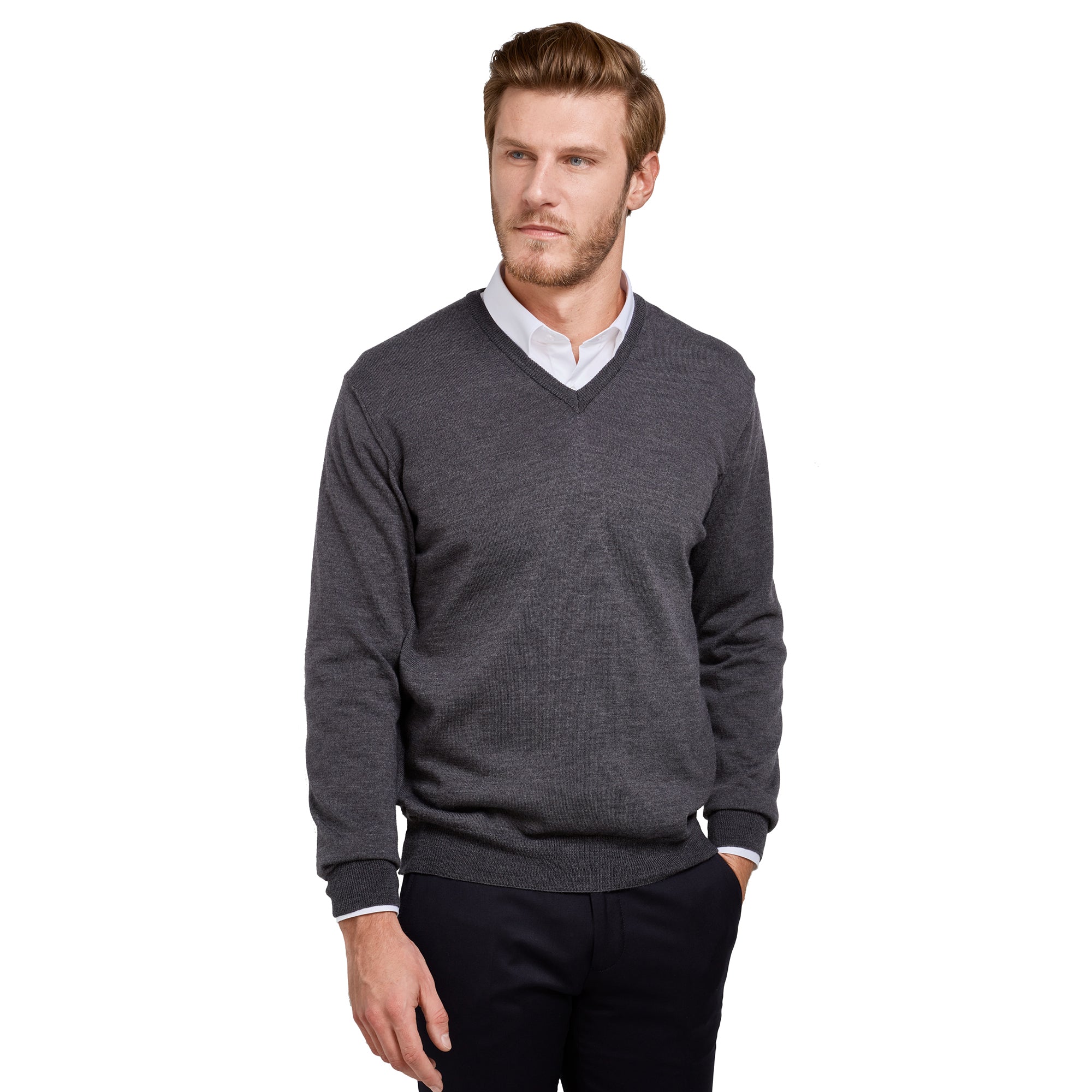 Sweater Pull A Col V Charcoal Gray Merino Wool V-neck Sweater For