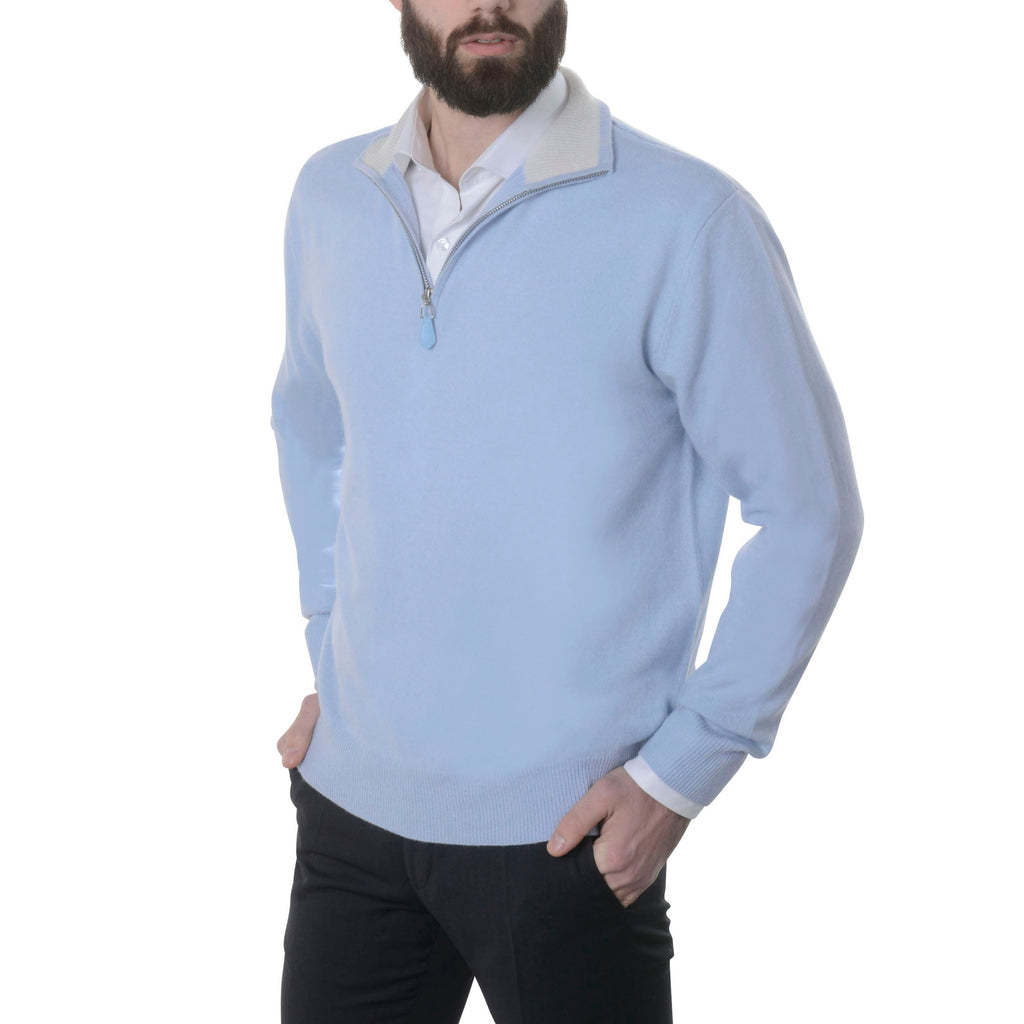 swatche, Pull 100% cachemire au col zip bicolore bleu ciel