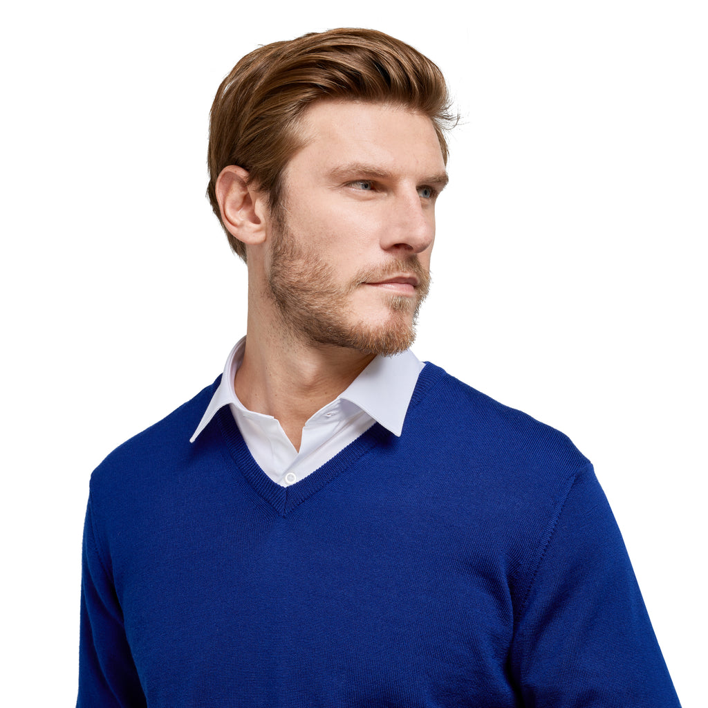  Pull de luxe col v 100% pure laine Mérinos bleu roi homme Loding 