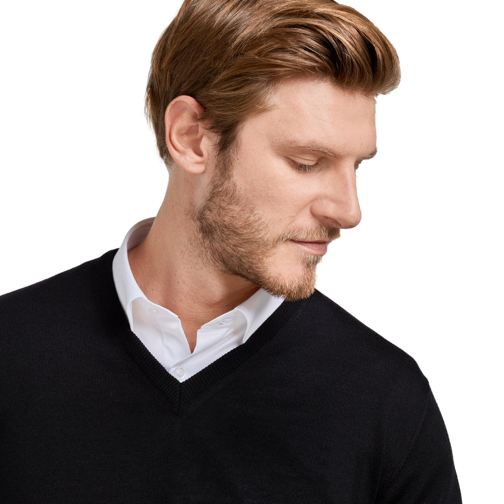 Pull col v  100% pure laine Mérinos noir, haute qualité pour homme 