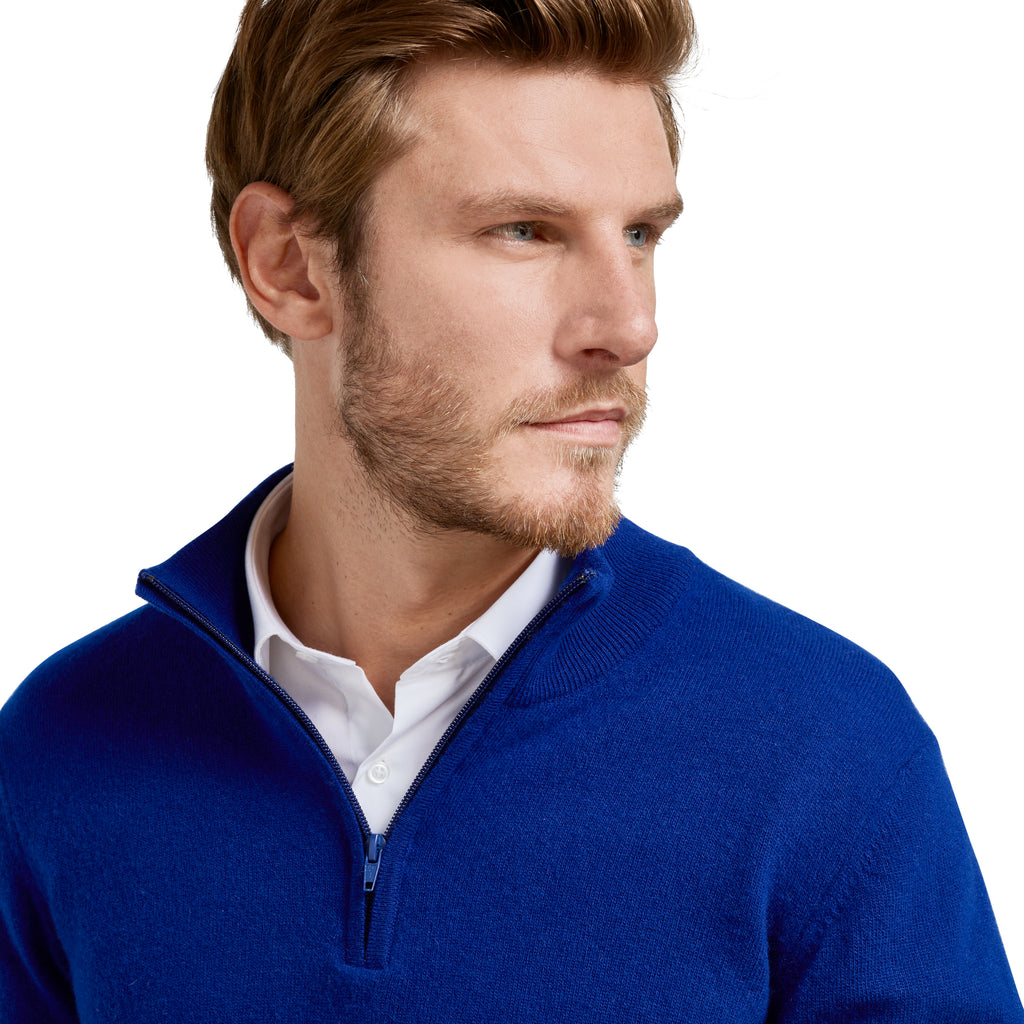 Maille, Pull homme col zip laine Mérinos et cachemire bleu roi, marque Loding 