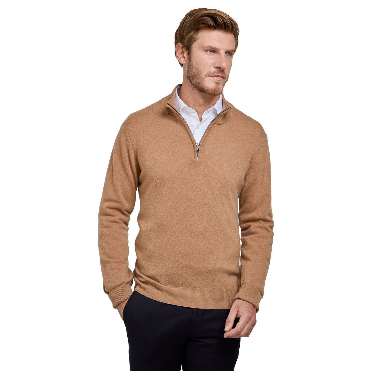 swatche, Pull col zip laine Mérinos et cachemire camel