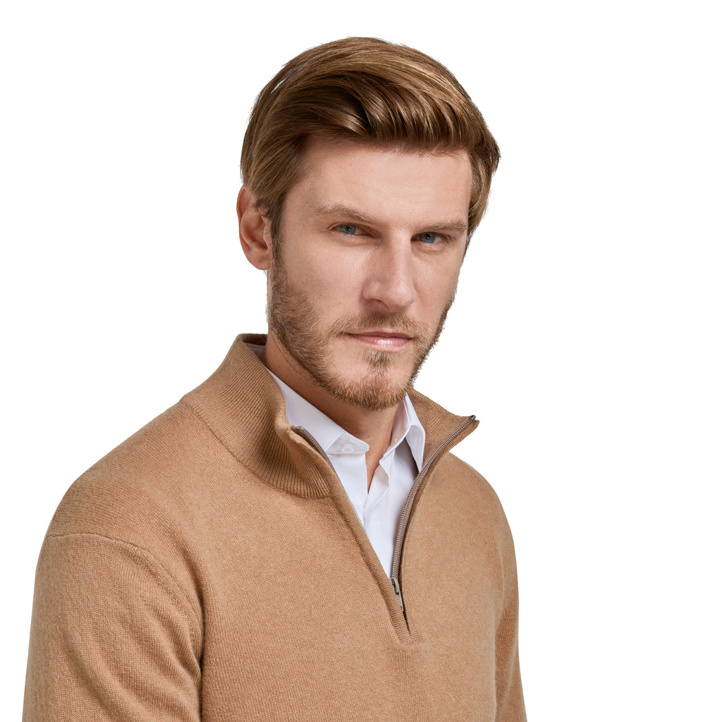  Pour homme chic,  Pull col zip laine Mérinos et cachemire camel Loding 