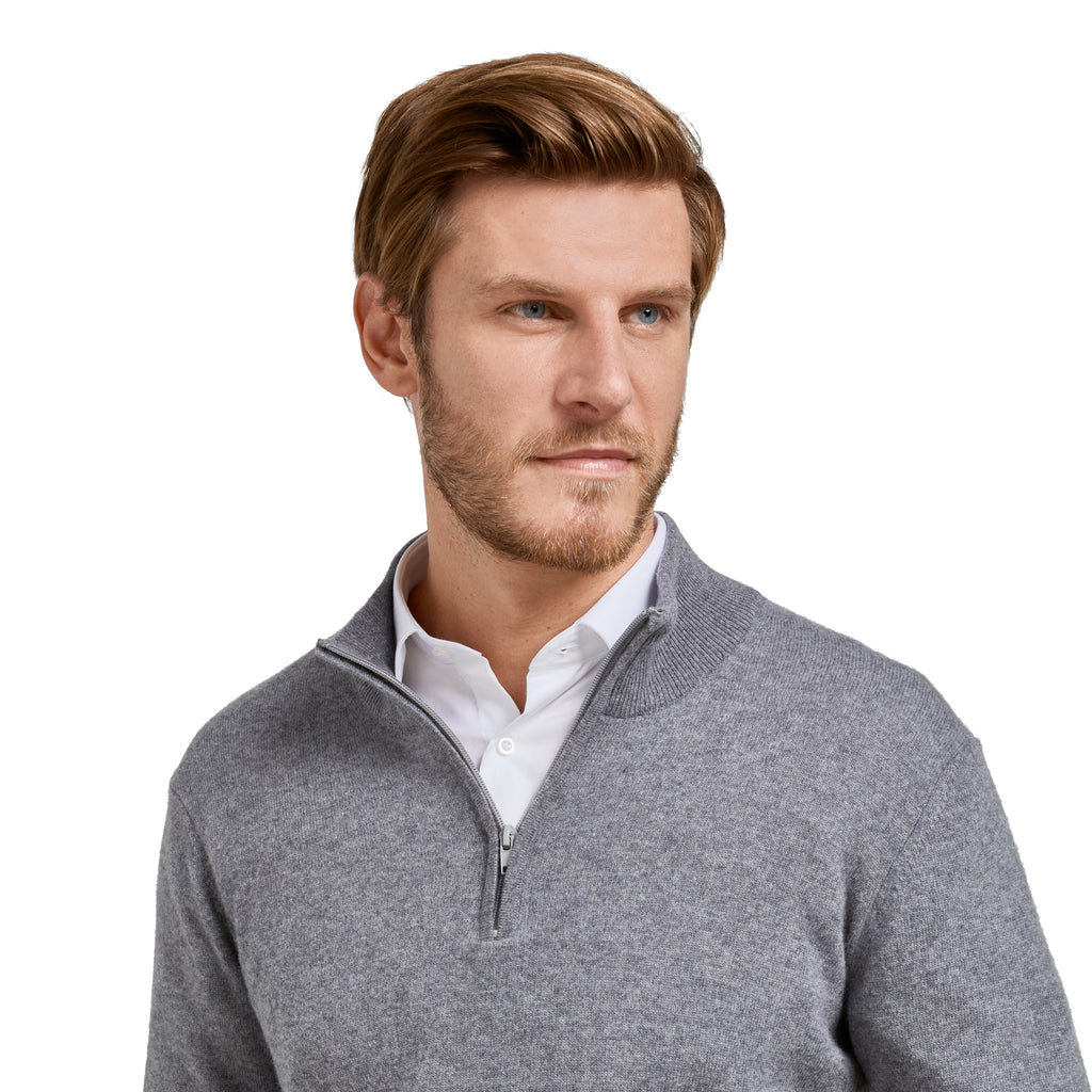 Pull col zip laine Mérinos et cachemire couleur grise, homme, Loding 