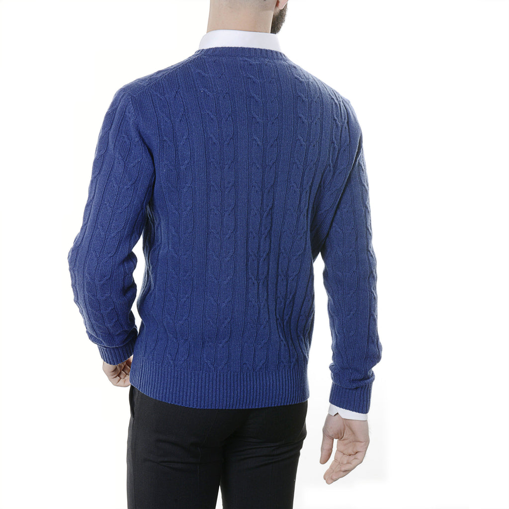 Maille pull torsadé laine et cachemire bleu